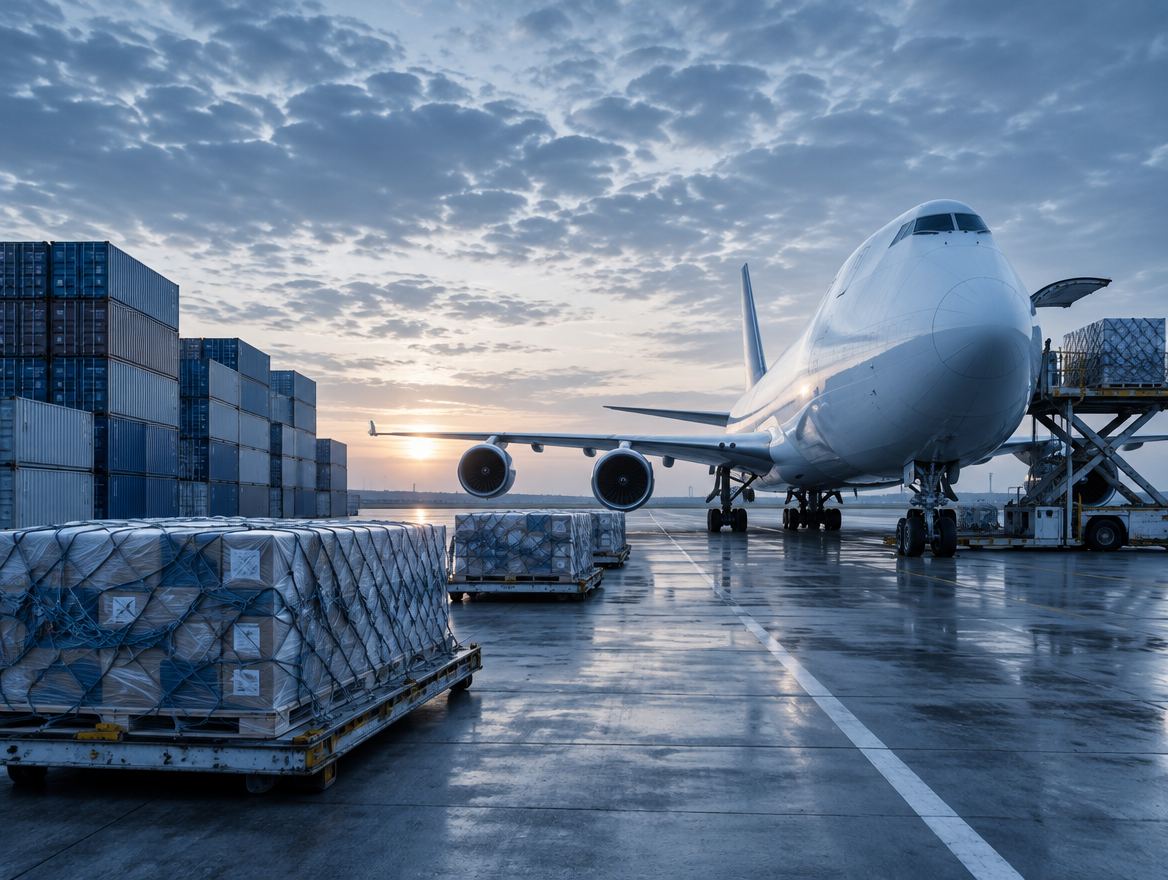 Cargo aircraft being loaded at an airport at dawn