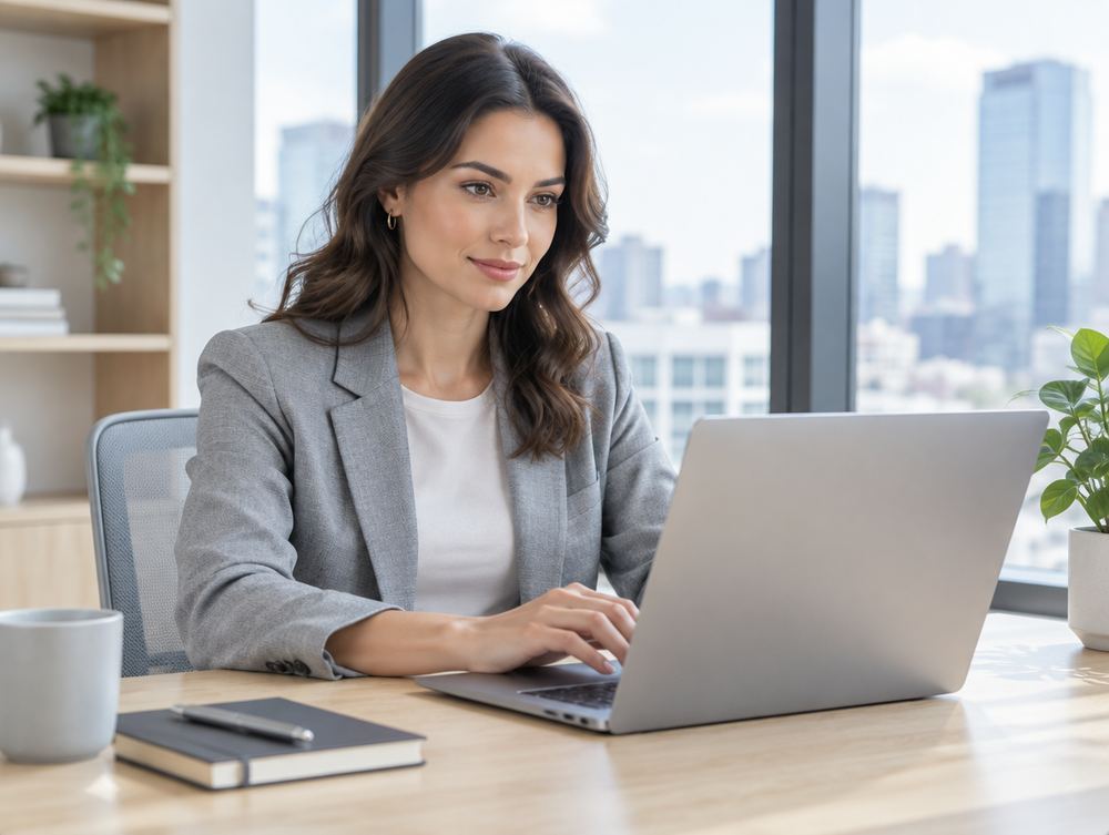 A professional working at a desk in a bright modern office